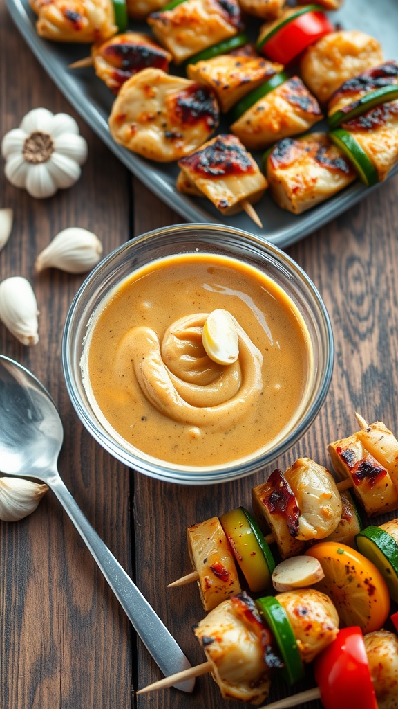 Bowl of peanut butter soy marinade with fresh garlic and ginger, alongside marinated chicken skewers.